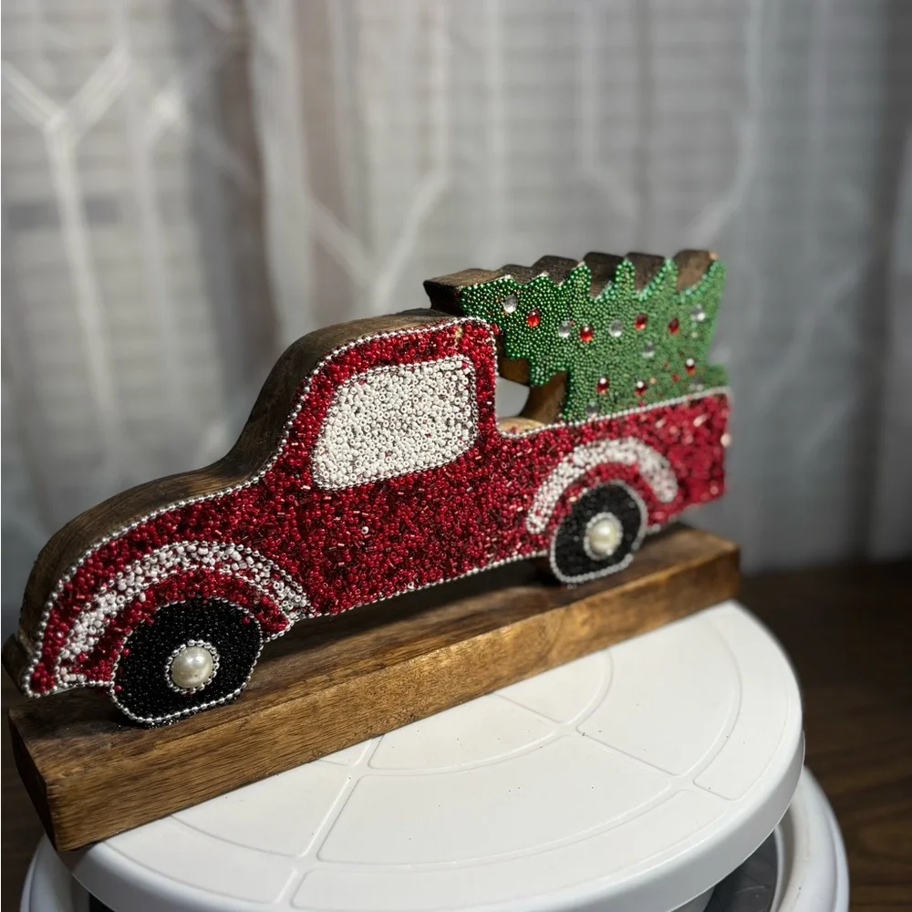 Festive Red Truck with Christmas Tree DecorHoliday Red Truck